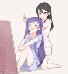 Rule 34 | 10s, 2girls, :d, ^ ^, alternate hairstyle, artist name, bad id, bad pixiv id, barefoot, black hair, blush, bunching hair, closed eyes, grey background, hair down, hair ornament, hairpin, kneeling, loungewear, love live!, love live! school idol project, marin (myuy 3), mirror, multiple girls, no shoes, one side up, open mouth, purple hair, red eyes, scrunchie, simple background, sitting, smile, thighhighs, tojo nozomi, twitter username, watermark, web address, yazawa nico