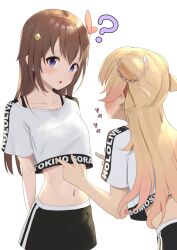 Rule 34 | 2girls, ?, black shorts, blonde hair, blue eyes, blush, breasts, brown hair, character name, copyright name, crop top, crop top overhang, flower, hair flower, hair ornament, highres, hololive, hololive dance practice uniform, long hair, looking at another, momosuzu nene, multiple girls, navel, official alternate costume, shorts, small breasts, taachika, tokino sora, virtual youtuber, white background