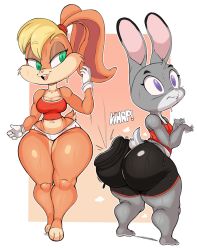 Rule 34 | 2girls, ass, bare shoulders, barefoot, blonde hair, breasts, from behind, furry, gloves, green eyes, highres, huge ass, judy hopps, lola bunny, looney tunes, multiple girls, purple-yoshi-draws, purple eyes, purpsyoshi, shiny clothes, shiny skin, short hair, short shorts, shorts, sideboob, smile, spanked, spanking, sweat, tail, zootopia