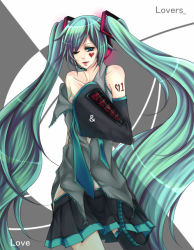 Rule 34 | 1girl, bad id, bad pixiv id, clothes pull, detached sleeves, hatsune miku, headphones, heart, long hair, nai, off shoulder, one eye closed, open clothes, open shirt, shirt, skirt, skirt pull, solo, thighhighs, twintails, ura-omote lovers (vocaloid), very long hair, vocaloid, wink, zukiyuki