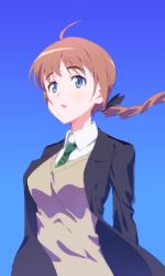 Rule 34 | 1girl, blue background, blue eyes, blue sky, braid, brown hair, day, floating hair, highres, lynette bishop, monsterx, single braid, sky, solo, strike witches, sweater vest, uniform, world witches series