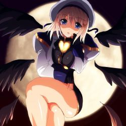 Rule 34 | 00s, 1girl, alternate hair color, bad id, bad pixiv id, black wings, blonde hair, blue eyes, head rest, detached wings, fingerless gloves, fukudori, full moon, gloves, hair ornament, hand on own face, hand on own thigh, hat, crossed legs, looking at viewer, lyrical nanoha, mahou shoujo lyrical nanoha, mahou shoujo lyrical nanoha strikers, moon, multiple wings, shaded face, short hair, sitting, solo, thighs, unison (nanoha), wings, x hair ornament, yagami hayate