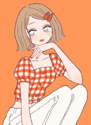 Rule 34 | 1girl, absurdres, blush, brown hair, buttons, collarbone, elbow rest, female focus, gingham, grey eyes, hair ornament, hairclip, hand on own chin, highres, midriff, nail polish, orange background, orange nails, orange theme, original, pants, rikuwo, simple background, solo, white pants