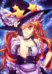 Rule 34 | 1girl, apron, blonde hair, braid, buttons, choker, embellished costume, female focus, fingerless gloves, frills, gloves, hair over one eye, hand on headwear, hand on own hip, hat, hat tug, highres, hip focus, kirisame marisa, long hair, misti, ribbon, smirk, solo, star (symbol), touhou, underbust, upper body, wavy hair, witch, witch hat, yellow eyes