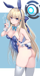Rule 34 | 1girl, animal ears, ass, bare shoulders, blonde hair, blue archive, blue eyes, blue leotard, blush, bow, bowtie, braid, breasts, cleavage, collarbone, detached collar, double v, earpiece, fake animal ears, french braid, halo, highleg, highleg leotard, highres, leotard, long hair, looking at viewer, looking back, medium breasts, open mouth, playboy bunny, rabbit ears, rabbit tail, shinozuka atsuto, solo, tail, thighhighs, thighs, toki (blue archive), toki (bunny) (blue archive), translation request, v, white thighhighs, wrist cuffs