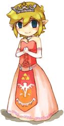 Rule 34 | 1boy, blonde hair, blush, crossdressing, dress, link, looking at viewer, male focus, nintendo, pointy ears, simple background, solo, the legend of zelda, the legend of zelda: tri force heroes, toon link