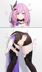 !? 1girl ^^^ absurdres anger_vein ass black_footwear black_shorts blue_eyes breasts cameltoe cleavage commentary_request corset disembodied_hand elf elysia_(honkai_impact) elysia_(miss_pink_elf)_(honkai_impact) fingering glory_wall heart highres honkai_(series) honkai_impact_3rd large_breasts large_variant_set motion_lines open_mouth pink_hair pointy_ears short_shorts shorts solo stuck sweatdrop thighs through_wall variant_set white_corset xiao_fei