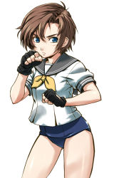 Rule 34 | bad id, bad pixiv id, blue eyes, brown hair, fighting stance, fingerless gloves, gloves, no pants, one-piece swimsuit, original, pirano, school swimsuit, school uniform, serafuku, short hair, solo, swimsuit, swimsuit under clothes