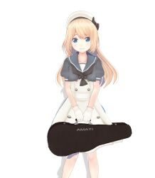 Rule 34 | 1girl, black neckerchief, blonde hair, blue eyes, blue sailor collar, commentary request, dress, feet out of frame, gloves, hat, holding, jervis (kancolle), kantai collection, looking at viewer, neckerchief, remu (lycoris1122), sailor collar, sailor dress, sailor hat, simple background, smile, solo, standing, violin case, white background, white dress, white gloves, white hat