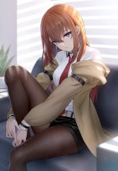 Rule 34 | 1girl, belt, black shorts, blue eyes, breasts, brown jacket, brown pantyhose, collared shirt, commission, couch, highres, indoors, jacket, knee up, long hair, long sleeves, makise kurisu, medium breasts, necktie, off shoulder, on couch, open clothes, open jacket, orange hair, pantyhose, pantyhose under shorts, parted lips, pixiv commission, plant, potted plant, red necktie, revision, shirt, short shorts, shorts, sion (9117), sitting, smile, solo, steins;gate, white shirt