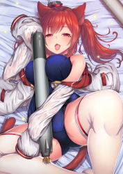 Rule 34 | 1girl, animal ears, azur lane, between breasts, blush, breasts, cat ears, cat tail, hair ornament, i-19 (azur lane), jacket, large breasts, long hair, looking at viewer, lying, naughty face, hugging object, on back, one-piece swimsuit, open mouth, red eyes, red hair, school swimsuit, solo, spread legs, swimsuit, tail, thighhighs, tongue, tongue out, torpedo, twintails, yoshiheihe