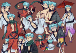 Rule 34 | 1boy, abs, alcohol, alternate color, animal, animal on shoulder, beads, birthmark, black kimono, blue hair, bracelet, brown background, cat, cat on shoulder, choker, collarbone, cup, full body, green scarf, headphones, headphones around neck, holding, holding cup, holding stuffed toy, holding sword, holding umbrella, holding weapon, japanese clothes, jewelry, kimono, loose clothes, male focus, obi, oil-paper umbrella, one eye closed, player 2, pop&#039;n music, red eyes, red kimono, red umbrella, roku (pop&#039;n music), sakazuki, sake, sandals, sash, scarf, sitting, solo, spiked bracelet, spikes, spoken squiggle, squiggle, stuffed animal, stuffed panda, stuffed toy, sword, tknkfarmer, umbrella, weapon, white cat, white kimono, wide sleeves, zouri