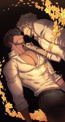 Rule 34 | 2boys, bara, beard stubble, collared shirt, couple, cowboy shot, dark, dark-skinned male, dark skin, facial hair, floral background, from side, hand on another&#039;s chin, highres, interracial, large pectorals, male focus, mature male, multiple boys, muscular, muscular male, mustache stubble, no eyes, oneirio, original, pectoral cleavage, pectorals, profile, shirt, short hair, stubble, thick eyebrows, yaoi