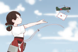 Rule 34 | 2girls, aircraft, airplane, brown hair, cloud, cloudy sky, commentary request, day, fairy (kancolle), folded ponytail, hair ribbon, jikkou-san (zikko san), kantai collection, kasuga maru (kancolle), letter, long hair, looking at another, looking away, multiple girls, outstretched arms, parted lips, ribbon, sky, taiyou (kancolle), twitter username