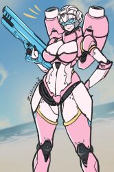 Rule 34 | 1girl, arcee, backpack, bag, blue eyes, bra, breasts, colored skin, commentary, curvy, english commentary, gun, highres, humanoid robot, large breasts, panties, pink bra, pink panties, robot, solo, thick thighs, thighs, transformers, underwear, vinniez, visor cap, weapon, white skin