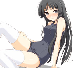 Rule 34 | 1girl, akiyama mio, bad id, bad pixiv id, bare shoulders, black eyes, black hair, blush, covered navel, k-on!, long hair, one-piece swimsuit, school swimsuit, solo, swimsuit, tears, thighhighs, violetshit, white thighhighs