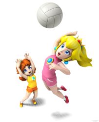 Rule 34 | 2girls, 3d, absurdres, artist request, ball, blonde hair, blue eyes, brown hair, female focus, from above, full body, highres, legs, mario (series), multiple girls, nintendo, official art, orange hair, playing sports, princess daisy, princess peach, shorts, source request, super mario bros. 1, super mario land, volleyball, volleyball (object)