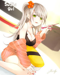 Rule 34 | 1girl, ahira yuzu, bare shoulders, beads, black bra, blush, bottomless, bra, breasts, chopsticks, cleavage, collarbone, dutch angle, food, green eyes, hair beads, hair ornament, highres, holding, holding chopsticks, holding food, jacket, large breasts, long hair, mini person, minigirl, nail polish, off shoulder, on plate, one side up, original, pink jacket, pink nails, plate, signature, silver hair, sitting, solo, sushi, swept bangs, table, tongue, tongue out, underwear, yokozuwari