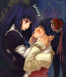Rule 34 | 00s, 2girls, bad id, blue hair, blush, closed eyes, dress, face, flower, frederica bernkastel, frills, furudo erika, hair flower, hair ornament, hand grab, hand on back, holding hands, imminent kiss, lips, long hair, looking at another, multiple girls, open mouth, parted lips, purple eyes, rose, shirabi, surprised, twintails, umineko no naku koro ni, yuri