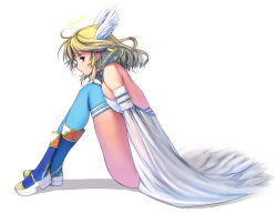 Rule 34 | 1girl, ahoge, ankle boots, backless dress, backless outfit, blonde hair, blue eyes, blue thighhighs, boots, breast press, breasts, breasts on lap, crossed ankles, dress, from side, halo, head wings, high collar, highres, kouno (masao), large breasts, long legs, original, sitting, solo, thighhighs, wide sleeves, wings