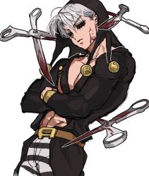Rule 34 | 1boy, abs, black sclera, blood, bloody scissors, bloody weapon, colored sclera, crossed arms, fu r y, grey hair, hat, hat bobbles, jojo no kimyou na bouken, male focus, no undershirt, pants, pectorals, red eyes, risotto nero, scissors, solo, striped clothes, striped pants, vento aureo, weapon