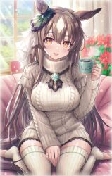 Rule 34 | 1girl, alternate costume, animal ears, blush, breasts, brown hair, commentary, cup, diamond (gemstone), dress, hair between eyes, hair ornament, half updo, highres, horse ears, large breasts, mirukurim, open mouth, satono diamond (umamusume), seiza, sitting, solo, sweater, sweater dress, symbol-only commentary, thighhighs, umamusume, yellow eyes