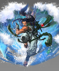 Rule 34 | 1boy, bare shoulders, belt, blue hair, character request, clean x, closed mouth, dark blue hair, hand gesture, highres, holding, holding sword, holding weapon, katana, long hair, male focus, purple eyes, reverse grip, rope, rope belt, samurai spirits, scabbard, scroll, sheath, solo, sword, unsheathed, very long hair, water, waves, weapon