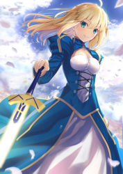 Rule 34 | 1girl, ahoge, alternate hairstyle, artoria pendragon (all), artoria pendragon (fate), blonde hair, blue dress, blue sky, breasts, cleavage cutout, closed mouth, clothing cutout, cloud, commentary request, day, dress, excalibur (fate/stay night), fate/grand order, fate/stay night, fate (series), fingernails, floating hair, glowing, glowing sword, glowing weapon, green eyes, hair between eyes, hair down, highres, holding, holding sword, holding weapon, juliet sleeves, lips, long hair, long sleeves, looking at viewer, medium breasts, neko daruma, outdoors, petals, pink lips, puffy sleeves, saber (fate), sky, smile, solo, sword, weapon
