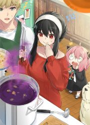 Rule 34 | 1boy, 2girls, :&gt;, absurdres, ahoge, anya (spy x family), apron, bad food, black hair, blonde hair, blue eyes, child, cookie, cooking pot, dog, double bun, food, green eyes, hair bun, highres, holding, holding knife, indoors, kitchen, knife, ladle, long sleeves, multiple girls, nervous smile, open mouth, photo (object), pink hair, poison, red eyes, red sweater, refrigerator, shidare (youh4016), smile, smoke, spy x family, stuffed animal, stuffed toy, sweatdrop, sweater, twilight (spy x family), wide-eyed, yor briar
