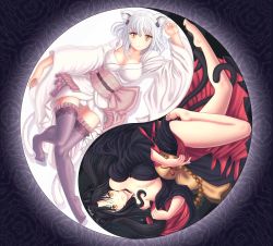 Rule 34 | 2girls, animal ears, bare shoulders, barefoot, black hair, black vs white, breasts, cat ears, cat girl, cat hair ornament, cat tail, cleavage, commentary request, fugaz-san, hair ornament, hair rings, hairband, high school dxd, highres, japanese clothes, kimono, kuroka (high school dxd), large breasts, looking at viewer, multiple girls, multiple tails, aged up, panties, parted lips, rotational symmetry, short hair, siblings, silver hair, sisters, smile, tail, thighhighs, toujou koneko, underwear, white panties, yellow eyes, yin yang