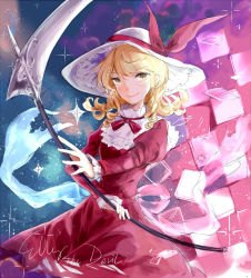 Rule 34 | 1girl, blonde hair, dress, drill hair, elly (touhou), english text, gradient background, hat, hat ribbon, long sleeves, looking at viewer, puffy sleeves, red dress, ribbon, scythe, short hair, smile, solo, text focus, touhou, touhou (pc-98), yellow eyes, yorktown cv-5