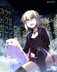 Rule 34 | &gt;:d, 1girl, :d, artoria pendragon (all), artoria pendragon (fate), black ribbon, black thighhighs, blonde hair, breasts, building, cavall the 2nd, collarbone, dog, fate/grand order, fate (series), hair ribbon, hitotose rin, jacket, jewelry, long hair, looking away, low ponytail, medium breasts, necklace, night, night sky, official alternate costume, open clothes, open jacket, open mouth, ribbon, saber alter, saber alter (ver. shinjuku 1999) (fate), shiba inu, shorts, sky, smile, thighhighs, v-shaped eyebrows, yellow eyes