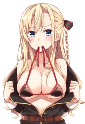 Rule 34 | 1girl, absurdres, bare shoulders, belt, belt buckle, bikini, bikini in mouth, black bikini, black bow, black jacket, blonde hair, blue eyes, blush, bow, braid, breasts, brown belt, buckle, cleavage, closed mouth, clothes in mouth, collarbone, commentary request, hair between eyes, hair bow, high school fleet, highres, jacket, kapatarou, large breasts, long hair, long sleeves, looking at viewer, mouth hold, off shoulder, open clothes, open jacket, revision, side braid, solo, swimsuit, v-shaped eyebrows, very long hair, white background, wilhelmina braunschweig ingenohl friedeburg