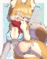 Rule 34 | 1girl, acky, animal ear fluff, animal ears, animal nose, bikini, blue bikini, blush, body fur, breasts, brown fur, claws, cleavage, dog ears, dog girl, dog tail, embarrassed, fang, flying sweatdrops, furry, furry female, hair over eyes, highres, light brown hair, multicolored fur, multicolored hair, nervous sweating, o-ring, open mouth, original, red scarf, scarf, side-tie bikini bottom, solo, striped bikini, striped clothes, sweat, swimsuit, tail, thigh gap, two-tone hair, wavy mouth, white fur, white hair