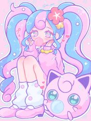 Rule 34 | 1girl, blue eyes, blue hair, blush, chewing gum, colored eyelashes, commentary request, creatures (company), curly hair, fairy miku (project voltage), flower, full body, game freak, gen 1 pokemon, hair flower, hair ornament, hands up, hatsune miku, heart, highres, jigglypuff, knees up, long hair, long sleeves, looking at viewer, loose socks, multicolored hair, nail polish, nintendo, outline, pink background, pink eyes, pink footwear, pink hair, pink sweater, pink theme, pokemon, pokemon (creature), project voltage, red flower, scrunchie, shiroiri goma, sidelocks, sitting, socks, solo, star (symbol), sweater, twintails, twitter username, two-tone hair, very long hair, vocaloid, white outline, white socks, wrist scrunchie, yellow flower, yellow scrunchie