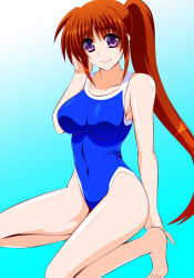 Rule 34 | 1girl, barefoot, blue background, blue one-piece swimsuit, breasts, brown hair, commentary request, competition swimsuit, engo (aquawatery), gradient background, highres, large breasts, long hair, lyrical nanoha, mahou shoujo lyrical nanoha strikers, one-piece swimsuit, purple eyes, side ponytail, smile, solo, swimsuit, takamachi nanoha, very long hair