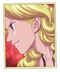Rule 34 | 1girl, blonde hair, border, curly hair, dragon ball, dragon ball (classic), from side, green eyes, grin, highres, long hair, lunch (bad) (dragon ball), lunch (dragon ball), portrait, profile, red background, sakkan, smile, solo, white border, yellow border
