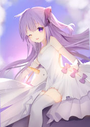Rule 34 | 1girl, azur lane, breasts, cloud, dress, elbow gloves, gloves, hair bun, highres, long hair, one eye closed, open mouth, outdoors, purple eyes, purple hair, side bun, single hair bun, single side bun, sitting, sky, small breasts, smile, solo, stuffed animal, stuffed toy, stuffed unicorn, stuffed winged unicorn, sundress, thighhighs, thighs, unicorn (azur lane), white dress, white gloves, white thighhighs, yanlan929