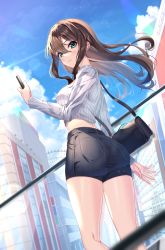 Rule 34 | 1girl, ass, bag, black hair, black shorts, blouse, blue sky, building, cellphone, cloud, commentary, day, denim, denim shorts, floating hair, from behind, from below, green eyes, hair between eyes, highres, holding, holding phone, idolmaster, idolmaster cinderella girls, idolmaster cinderella girls starlight stage, long hair, long sleeves, looking at viewer, looking back, looking down, outdoors, phone, ribbed shirt, shibuya rin, shirt, short shorts, shorts, shoulder bag, sky, solo, sutoroa, thighs, very long hair, white shirt