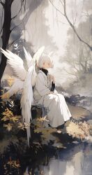 Rule 34 | 1girl, ai-assisted, angel, angel wings, dress, highres, leaf, midjourney, multiple wings, nature, nid417, original, outdoors, plant, red eyes, river, scenery, short hair, sitting, solo, tree, water, white dress, white hair, wings