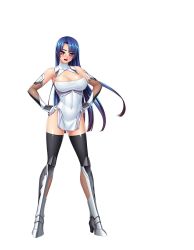Rule 34 | 1girl, bare shoulders, black thighhighs, blue hair, blush, breasts, covered navel, curvy, dress, elbow gloves, female focus, fishnets, full body, gloves, gradient hair, hands on own hips, happy, heart, heart-shaped pupils, highres, kagami hirotaka, large breasts, lilith-soft, long hair, looking at viewer, multicolored hair, official art, open mouth, pelvic curtain, red eyes, shiny skin, short dress, simple background, sleeveless, smile, solo, standing, symbol-shaped pupils, taimanin (series), taimanin asagi, taimanin asagi zero, taimanin murasaki, thighhighs, turtleneck, white background, yatsu murasaki