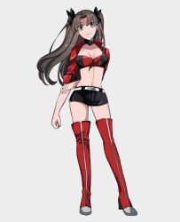 Rule 34 | 1girl, black hair, blue eyes, boots, breasts, choker, fate/stay night, fate (series), long hair, midriff, navel, official alternate costume, open clothes, open shirt, red thighhighs, short shorts, shorts, solo, suzuko (star8383), thighhighs, tohsaka rin, twintails, two side up