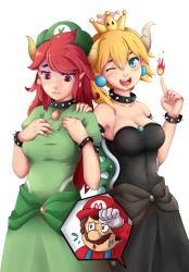 Rule 34 | 1boy, 2girls, ;d, absurdres, armlet, bare shoulders, black collar, black dress, blonde hair, blue eyes, borrowed design, bowser peach, bowsette, bracelet, breasts, brooch, brown hair, cleavage, collar, collarbone, commentary, covered navel, cowboy shot, crown, crying, crying with eyes open, dress, earrings, english commentary, facial hair, fang, fire, green dress, green hat, hair between eyes, hand on another&#039;s shoulder, hands on own chest, hands up, hat, highres, horns, index finger raised, jewelry, koopa peach, long hair, looking at viewer, looking down, mario, mario (series), medium breasts, multiple girls, mustache, new super mario bros. u deluxe, nintendo, one eye closed, open mouth, pointy ears, ponytail, princess peach, prototype design, puffy short sleeves, puffy sleeves, red eyes, red hair, red hat, short hair, short sleeves, simple background, smile, spiked armlet, spiked bracelet, spiked collar, spiked shell, spikes, standing, strapless, strapless dress, super crown, super mario odyssey, sweat, swept bangs, tears, turn pale, turtle shell, white background