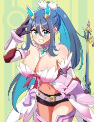 Rule 34 | 1girl, absurdres, bare shoulders, belt, black shorts, blue eyes, blue hair, breasts, cleavage, commentary request, detached sleeves, ereka, fire emblem, gloves, hair between eyes, hair ornament, highres, holding, holding polearm, holding weapon, large breasts, looking at viewer, navel, nintendo, oribe tsubasa, polearm, ponytail, short shorts, shorts, smile, solo, teeth, tokyo mirage sessions fe, weapon, white belt