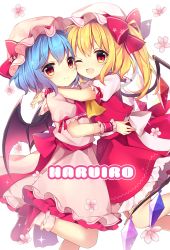 Rule 34 | 2girls, ;d, absurdres, arm ribbon, ascot, bat wings, blonde hair, blue hair, blush, bobby socks, bow, commentary request, crystal, dress, fang, feet out of frame, flandre scarlet, flower, hair between eyes, hat, hat bow, hat ribbon, highres, hug, leg up, long hair, looking at viewer, mob cap, multiple girls, one eye closed, one side up, open mouth, petticoat, pink dress, pink flower, pink headwear, pink legwear, puffy short sleeves, puffy sleeves, red ascot, red bow, red eyes, red footwear, red ribbon, red skirt, red vest, remilia scarlet, ribbon, ruhika, shirt, shoes, short hair, short sleeves, siblings, simple background, sisters, skirt, smile, socks, touhou, vest, white background, white headwear, white shirt, wings, wrist cuffs, yellow ascot