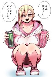 Rule 34 | 1girl, :d, asymmetrical hair, black shorts, blonde hair, blue eyes, breasts, can, commentary request, energy drink, highres, holding, holding can, hood, hoodie, kouhai wa inkya agari no infuruensaa, large breasts, looking at viewer, monster energy, open mouth, pink footwear, pinky out, shigemori erin, shoes, shorts, smile, sneakers, speech bubble, squatting, teeth, upper teeth only, white background, white hoodie, zyugoya