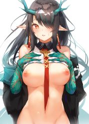 Rule 34 | 1girl, arknights, bare shoulders, between breasts, black coat, black hair, blush, breasts, breasts out, clothes lift, coat, commentary, dragon horns, dusk (arknights), earrings, hair over one eye, hands on own chest, highres, horns, jewelry, large breasts, lifted by self, long hair, long sleeves, looking at viewer, navel, necktie, necktie between breasts, nipples, off shoulder, open clothes, open coat, open mouth, pointy ears, red eyes, red necktie, ruwoka, simple background, smile, solo, stomach, sweat, upper body, white background