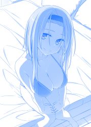 Rule 34 | 1girl, backlighting, barefoot, bed, bikini, blue theme, breasts, cleavage, collarbone, female focus, from above, hairband, halterneck, hands on own knees, head tilt, himura kiseki, knees together feet apart, large breasts, looking at viewer, monochrome, on bed, original, parted bangs, pillow, sidelocks, sitting, smile, solo, swimsuit, v arms