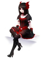 Rule 34 | 1girl, black hair, black sclera, boots, breasts, colored sclera, colored skin, goth fashion, gothic lolita, grey eyes, heterochromia, high heel boots, high heels, kneehighs, lolita fashion, nocturne krumenker, nocturne krumenker(nocxturne), original, red eyes, sitting, skull, small breasts, socks, solo, suspenders, thigh boots, thighhighs, white skin, wings