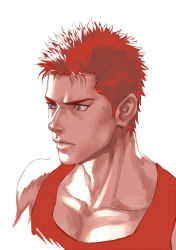 Rule 34 | 1boy, basketball jersey, basketball uniform, closed mouth, collarbone, commentary request, cropped torso, eilinna, from side, grey eyes, lips, male focus, pectorals, portrait, red hair, red shirt, sakuragi hanamichi, serious, shirt, simple background, sketch, slam dunk (series), sleeveless, sleeveless shirt, solo, sportswear, upper body, white background